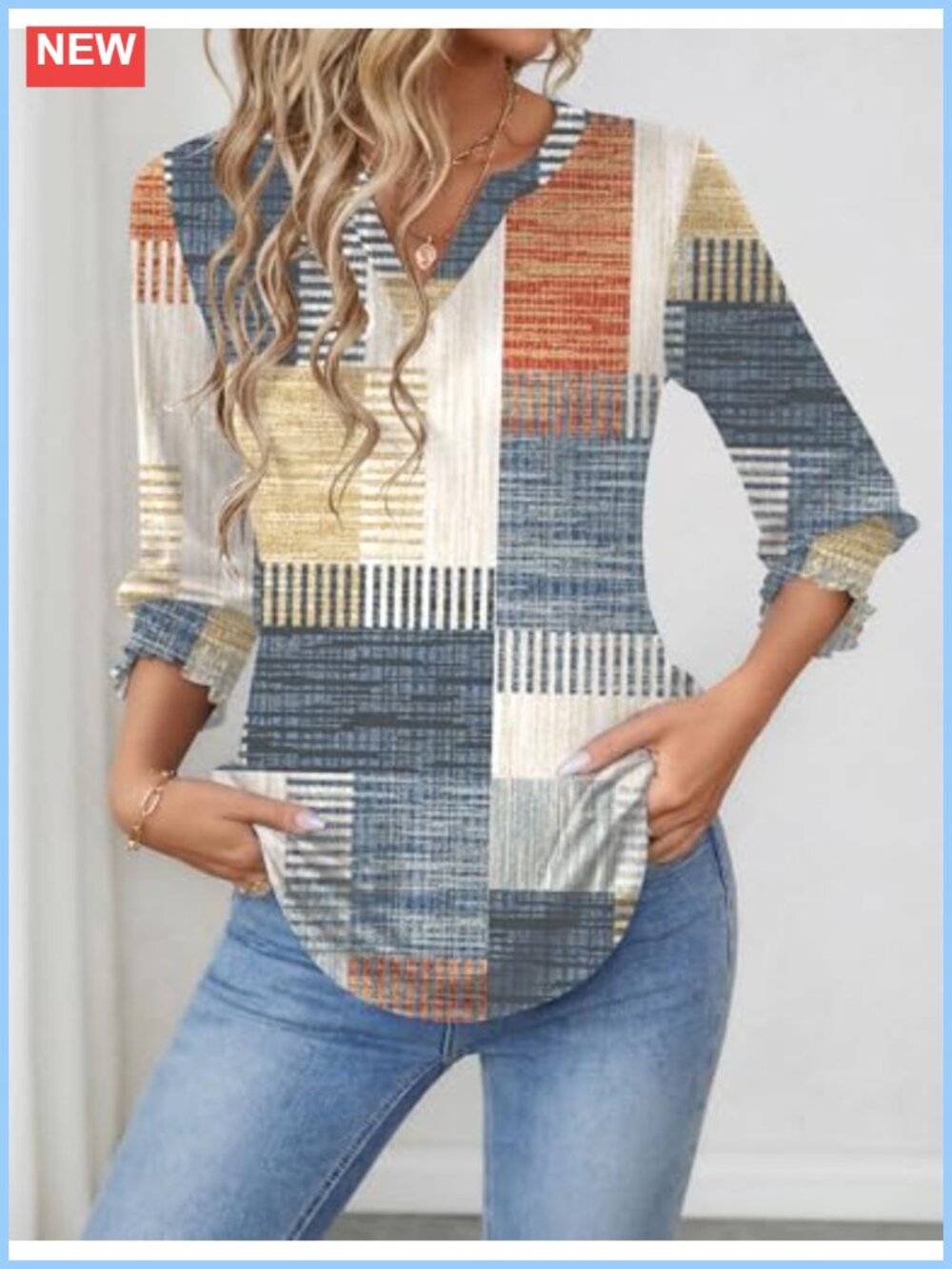 Women's 3/4 Sleeve V-Neck Ruffle Cuff Blouse Business Casual Top - Picture 2 of 6